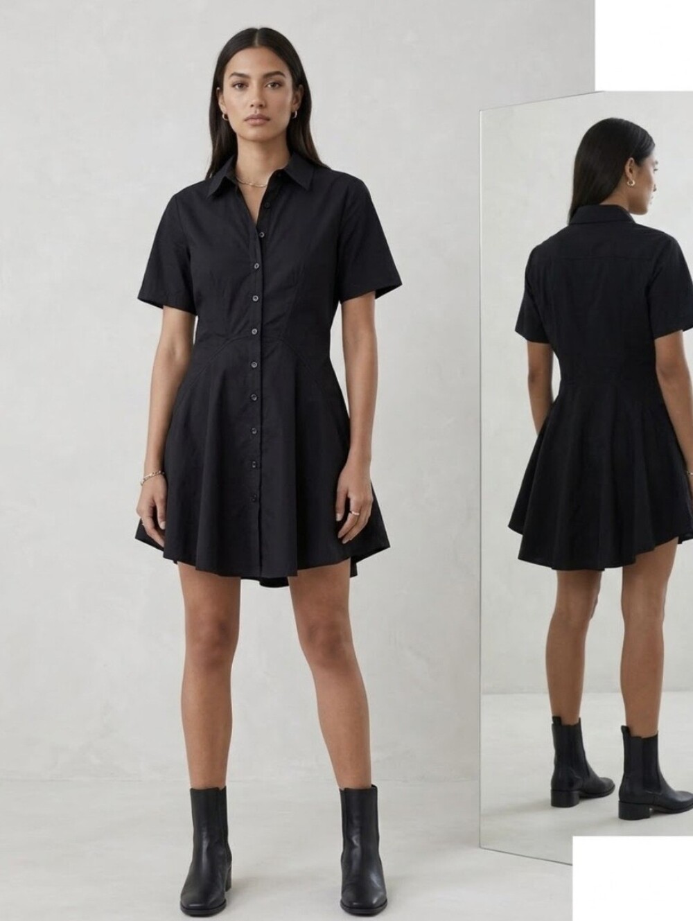 Absence of Colour AOC Black Cotton Short Sleeve Shirt Dress Medium Minimalist